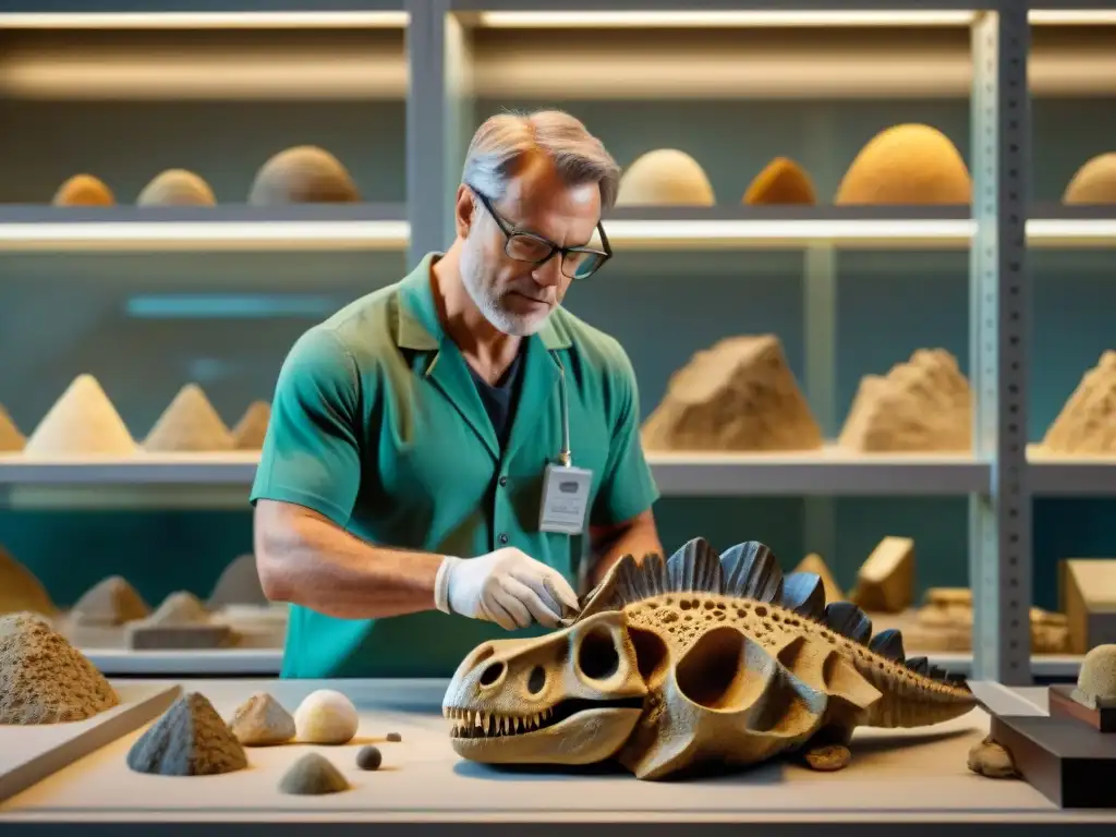 Descubriendo secretos: Paleontólogo extrae fósil con precisión Paleontólogo extrae con precisión fósil de dinosaurio en laboratorio repleto de herramientas y libros