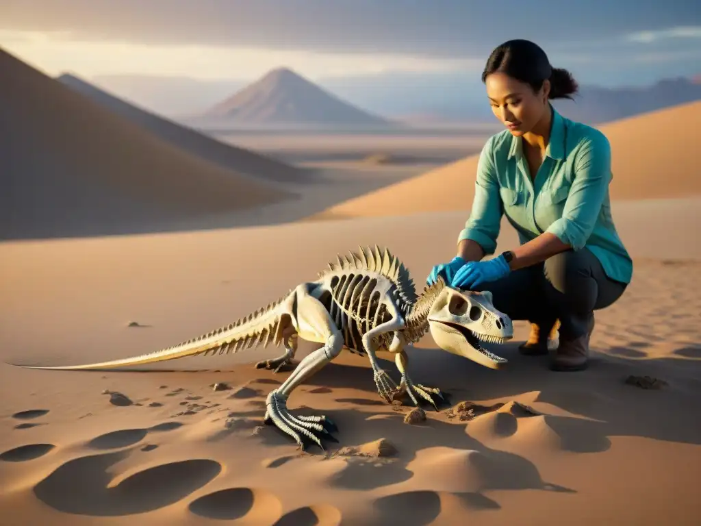 Excavación detallada de Velociraptor en desierto del Gobi Un paleontólogo especializado en especies de dinosaurios excavando un esqueleto de Velociraptor en el Desierto de Gobi