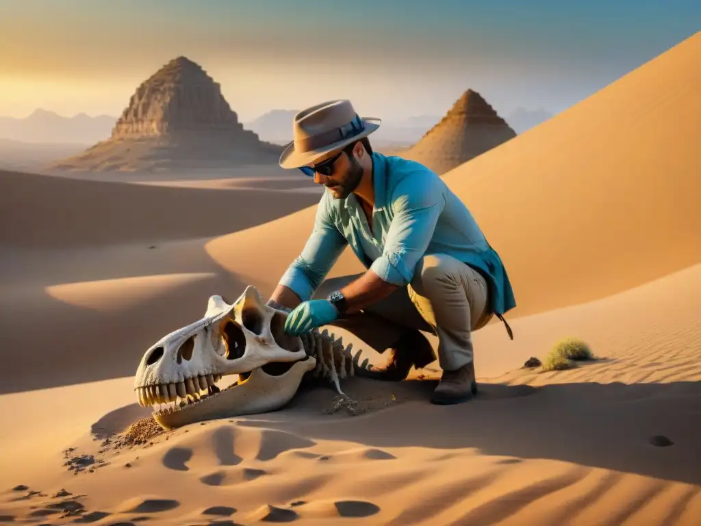 Excavación de fósiles de dinosaurios al atardecer Un paleontólogo excavando un esqueleto de dinosaurio al atardecer en el desierto