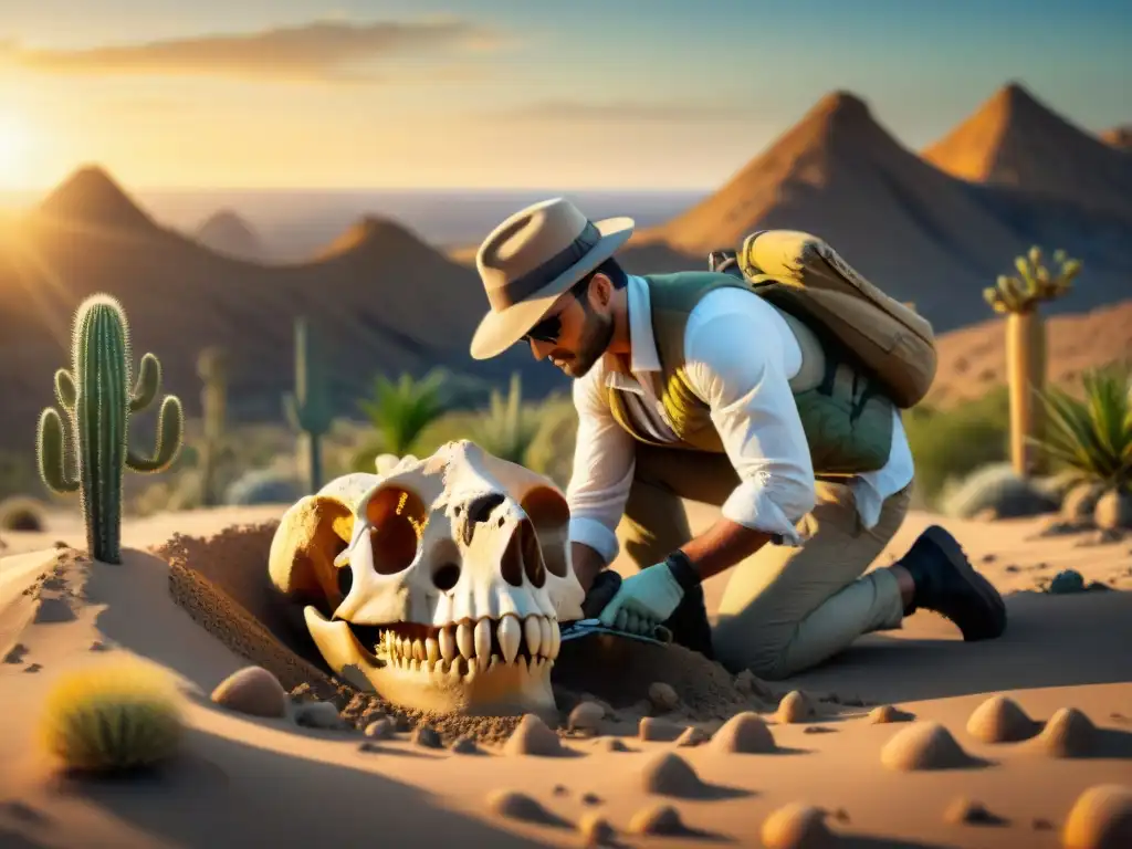Un paleontólogo descubre un esqueleto de dinosaurio al atardecer en el desierto