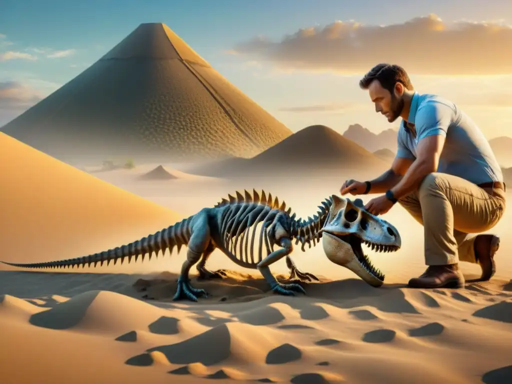 Un paleontólogo excavando un esqueleto de dinosaurio con cuidado en el desierto al atardecer, destacando el impacto de Jurassic Park en la cultura de los dinosaurios