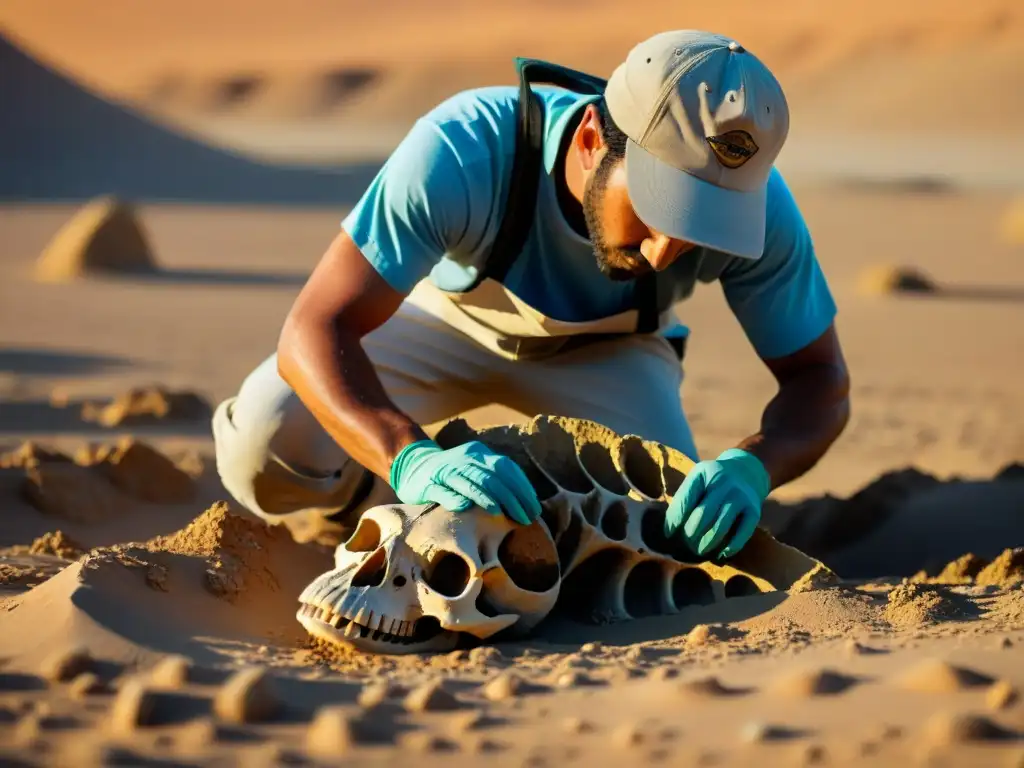 Excavación paleontológica: revelando un esqueleto de dinosaurio en el desierto Paleontólogo descubre esqueleto de dinosaurio en desierto remoto