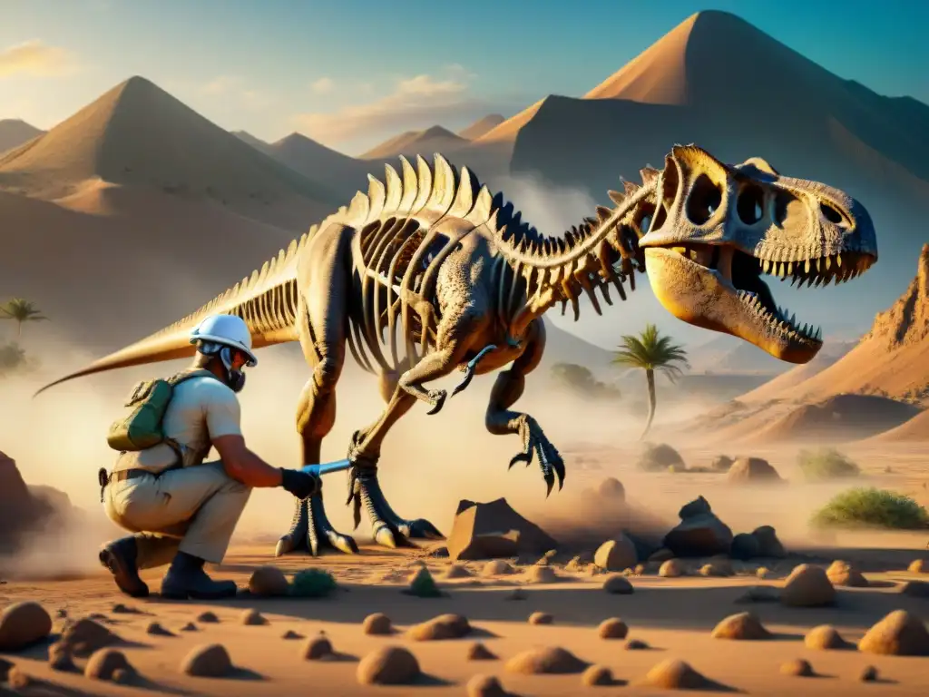 Excavación de un Tiranosaurio rex en el desierto Un paleontólogo excavando un esqueleto de dinosaurio en un desierto, resaltando la importancia de los dinosaurios en la cultura popular