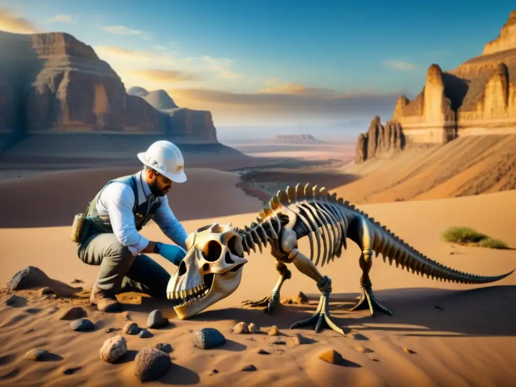 Excavación de dinosaurios al atardecer: Misterios revelados Un paleontólogo excavando un esqueleto de dinosaurio en un desierto al atardecer