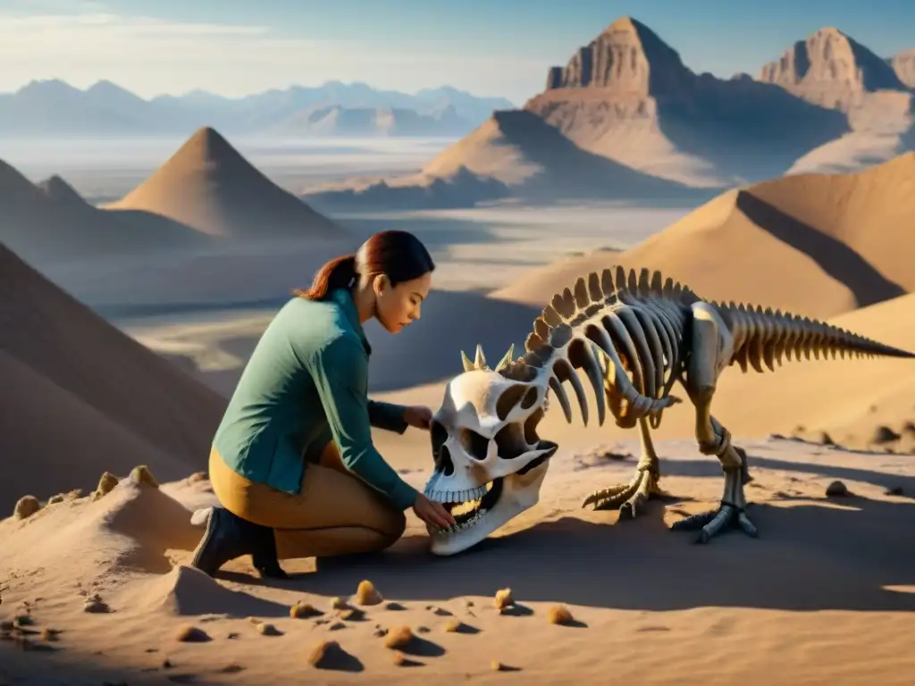 Descubrimiento paleontológico en el desierto: un fósil revelado Un paleontólogo descubre un esqueleto de dinosaurio en el desierto