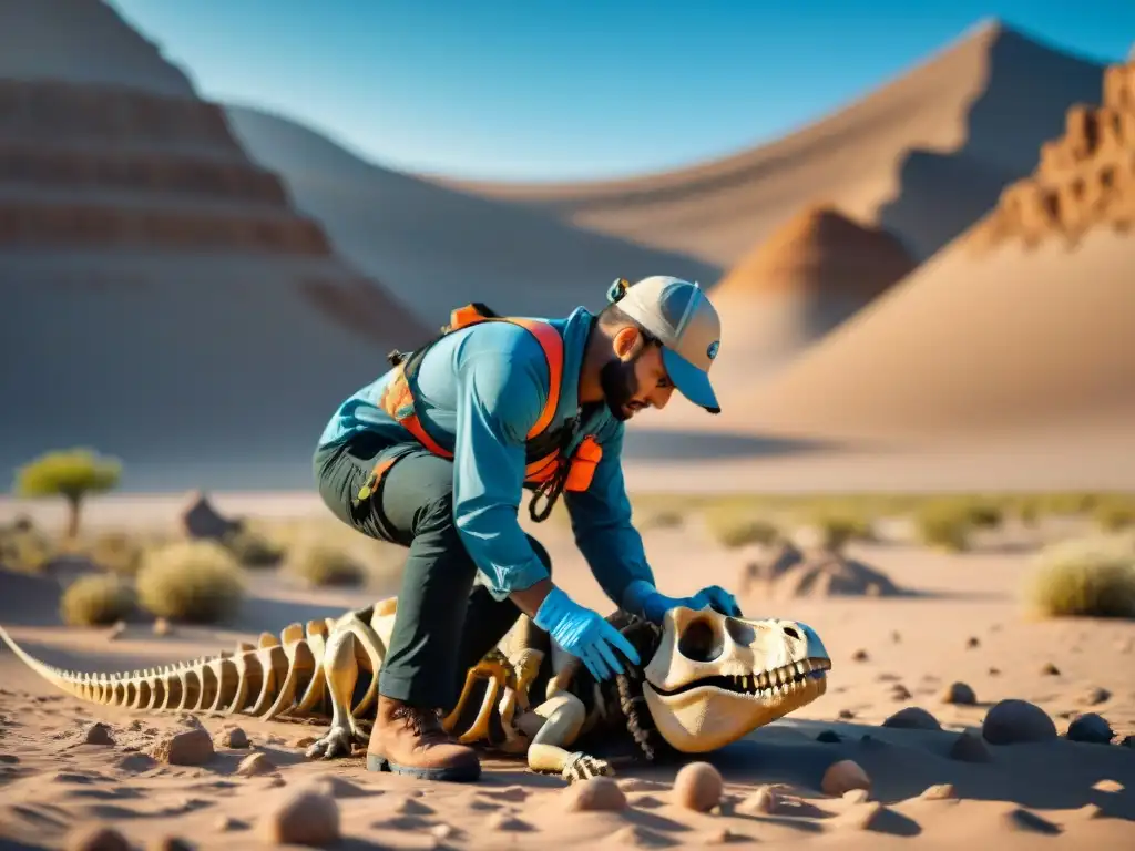 Excavación de fósiles de dinosaurios: experto en acción en el desierto Un paleontólogo excavando un esqueleto de dinosaurio en un desierto remoto