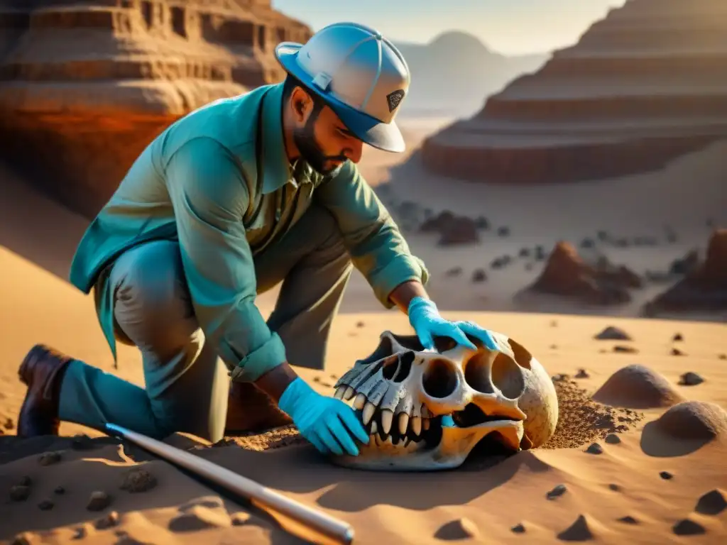 Descubrimiento de fósil: paleontólogo desenterrando dinosaurio Un paleontólogo descubriendo un esqueleto de dinosaurio en el desierto al atardecer
