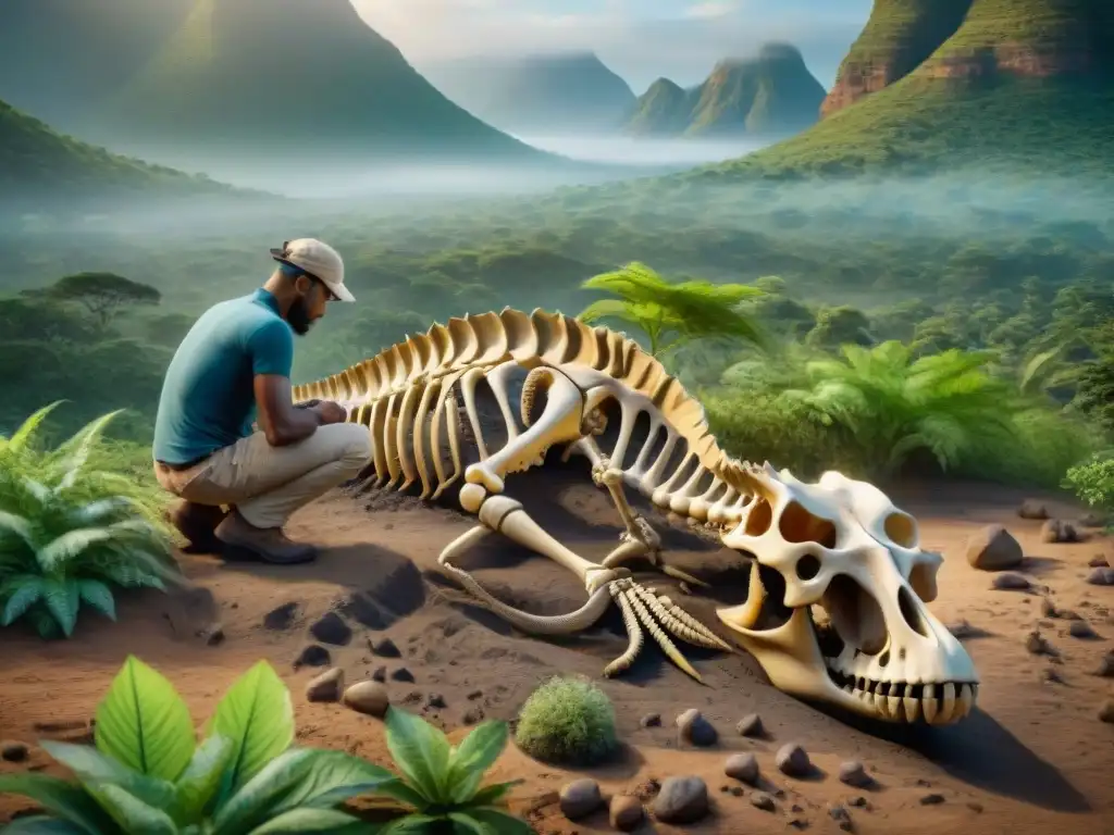 Un paleontólogo excavando un esqueleto de Lesothosaurus en la naturaleza africana, reflejando descubrimiento científico y paisaje prehistórico