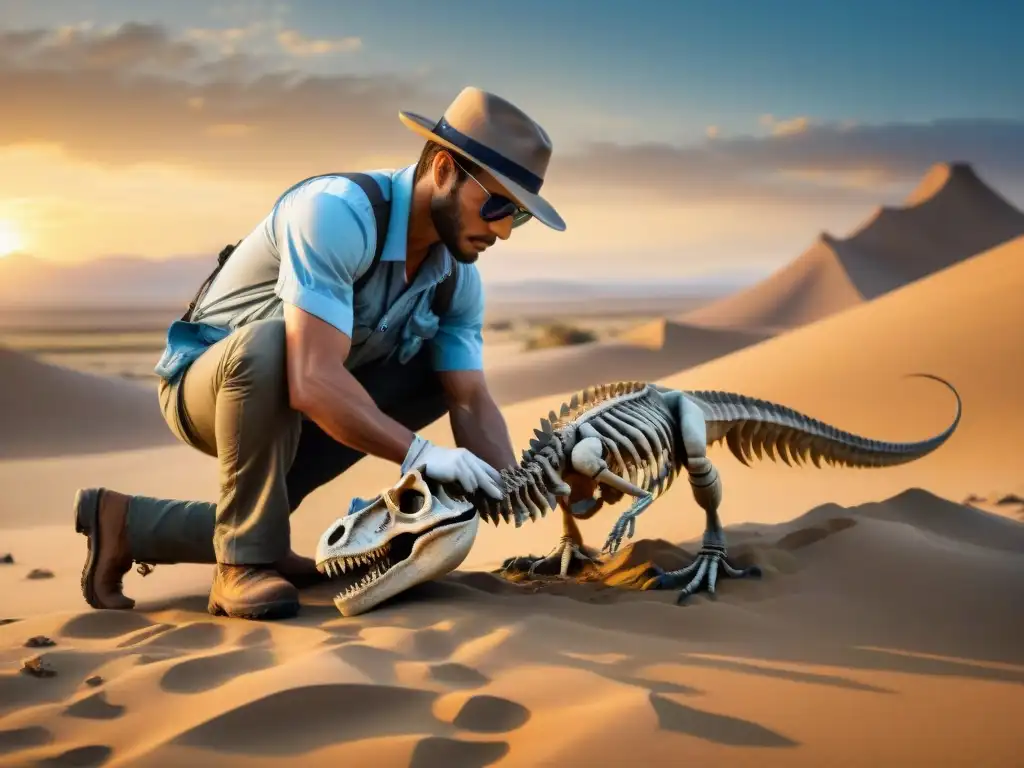 Descubrimiento de Velociraptor en el Desierto de Gobi Un paleontólogo descubre un esqueleto de Velociraptor al atardecer en el Desierto de Gobi