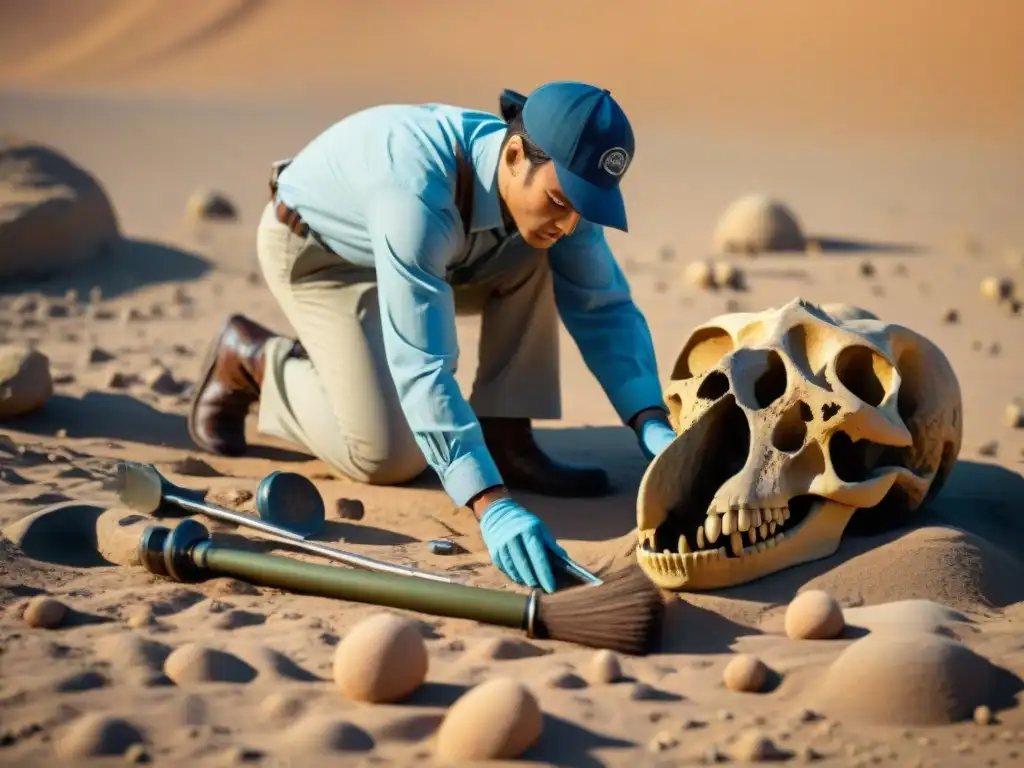 Excavación meticulosa: descubriendo fósiles de dinosaurios Un paleontólogo prepara emocionalmente la excavación de un dinosaurio en un remoto desierto