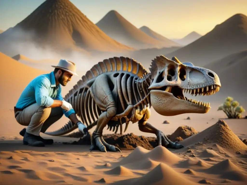 Descubriendo fósiles: Paleontólogo en acción al atardecer Un paleontólogo en una excavación de fósiles de dinosaurios en el desierto al atardecer; reflejo de la exploración virtual dinosaurios cultura popular