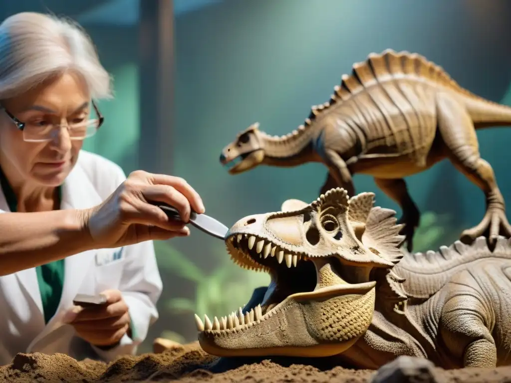 Descubriendo secretos: Paleontólogo revela hueso de dinosaurio Un paleontólogo experto limpia un hueso de dinosaurio fosilizado