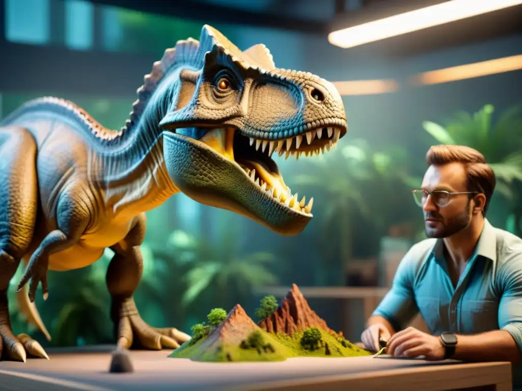 Un paleontólogo experto esculpe con precisión un modelo de dinosaurio, destacando el diseño y la destreza en la creación