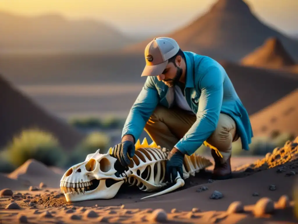 Excavación de fósil de dinosaurio al atardecer en desierto Un paleontólogo excavando un fósil de dinosaurio al atardecer en el desierto