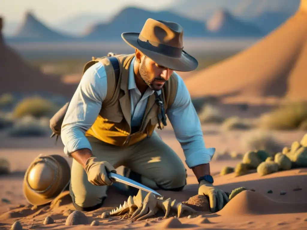 Un paleontólogo descubre fósil de dinosaurio al atardecer en el desierto remoto
