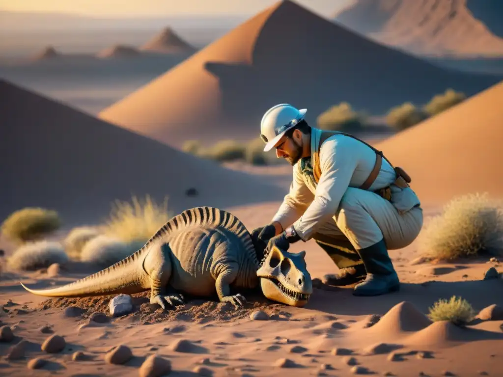 Paleontólogo desenterrando fósil de dinosaurio al atardecer en el desierto