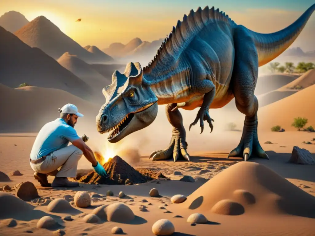 Paleontólogo excavando fósil de dinosaurio al atardecer en desierto