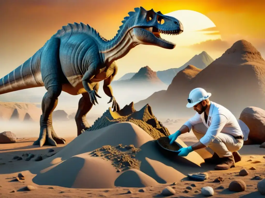 Excavación paleontológica al atardecer: descubrimiento detallado en 8k Un paleontólogo excava un fósil de dinosaurio al atardecer