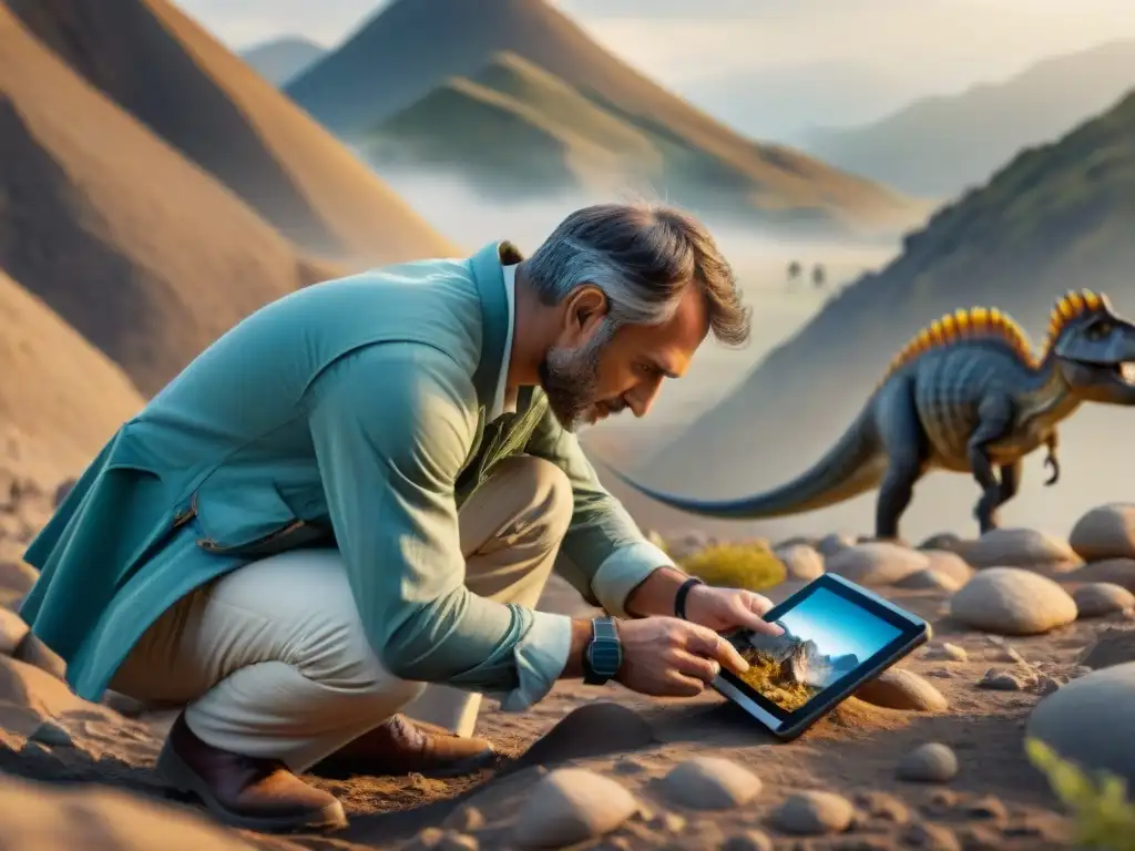 Excavación paleontológica: tradición y tecnología en acción Un paleontólogo excavando un fósil de dinosaurio en el campo con ayuda de una aplicación móvil, entre formaciones rocosas antiguas