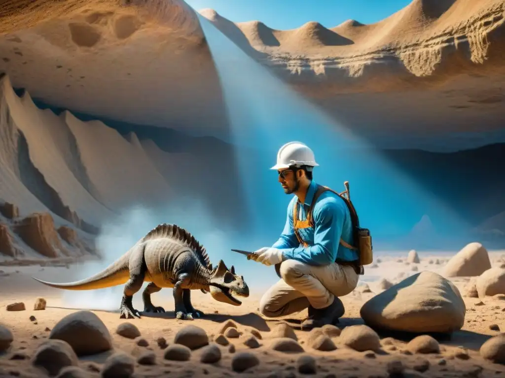 Excavación paleontológica detallada de fósil de dinosaurio Un paleontólogo excavando un fósil de dinosaurio en el campo, rodeado de formaciones rocosas antiguas bajo un cielo azul