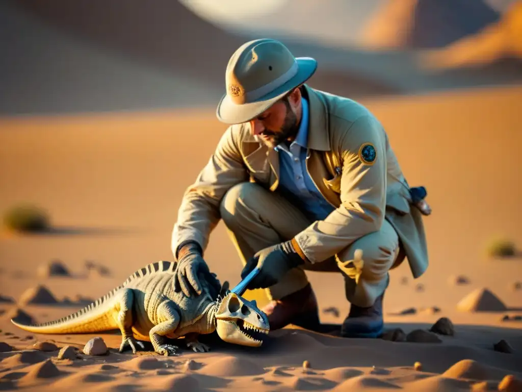 Excavación de fósil de dinosaurio al atardecer Un paleontólogo excavando un fósil de dinosaurio en el desierto al atardecer, mostrando la evolución a través de fósiles