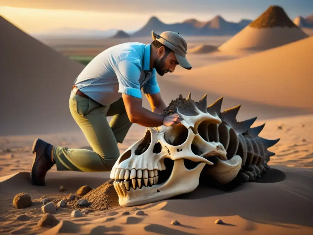 Excavación de fósil de dinosaurio: descubriendo secretos prehistóricos Un paleontólogo excava un fósil de dinosaurio en un desierto remoto al atardecer