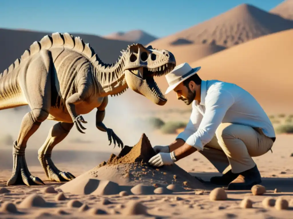 Excavación paleontológica: precision en el desierto Un paleontólogo excavando un fósil de dinosaurio en el desierto, destacando la precisión en paleontología de dinosaurios