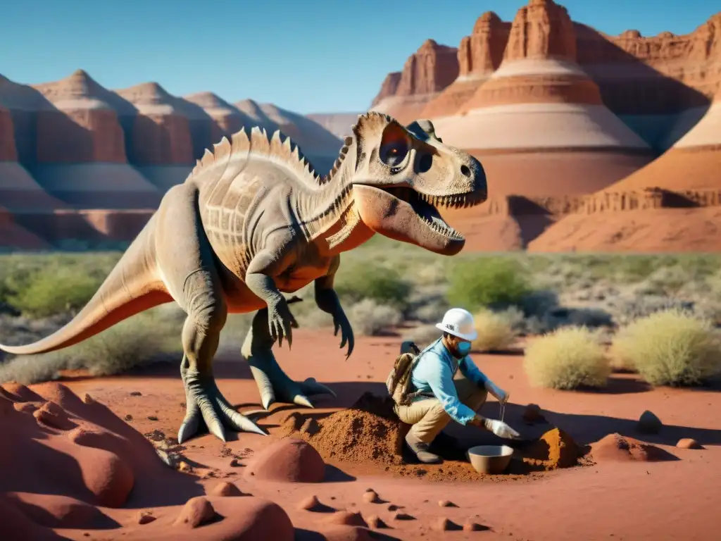 Paleontólogo excavando fósil de dinosaurio en desierto remoto