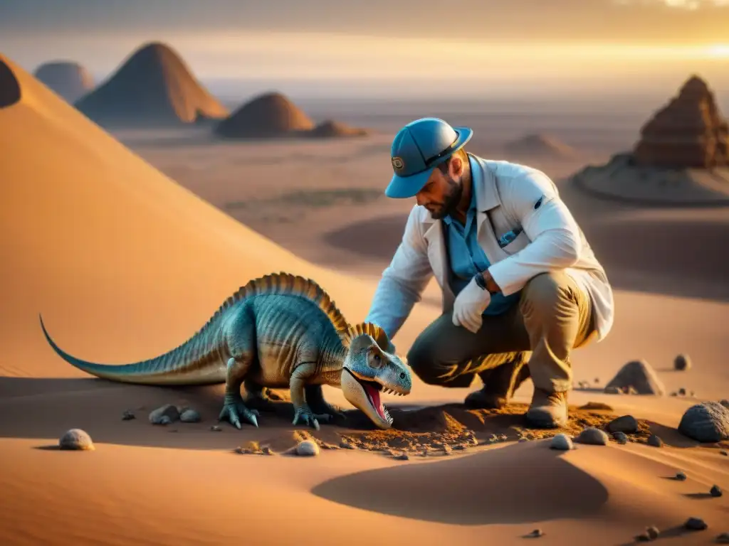 Un paleontólogo desenterrando un fósil de dinosaurio en el desierto al atardecer, mostrando la meticulosa labor en paleontología