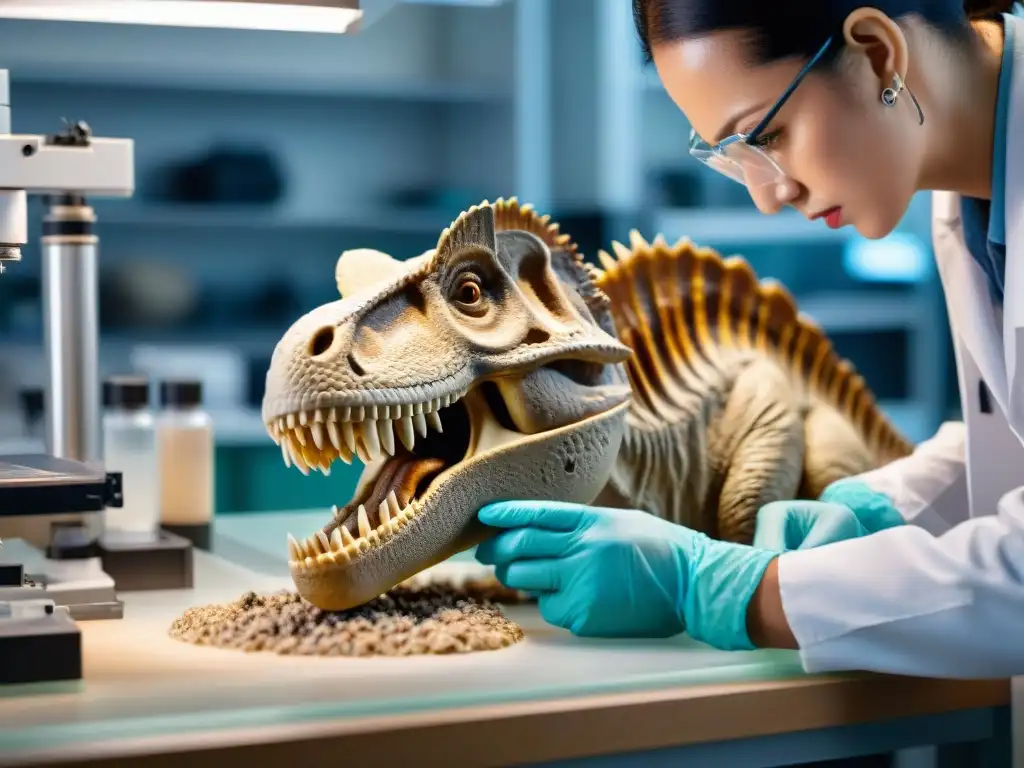Examen minucioso de fósil de dinosaurio bajo microscopio en laboratorio Paleontólogo examinando fósil de dinosaurio con detalle en laboratorio
