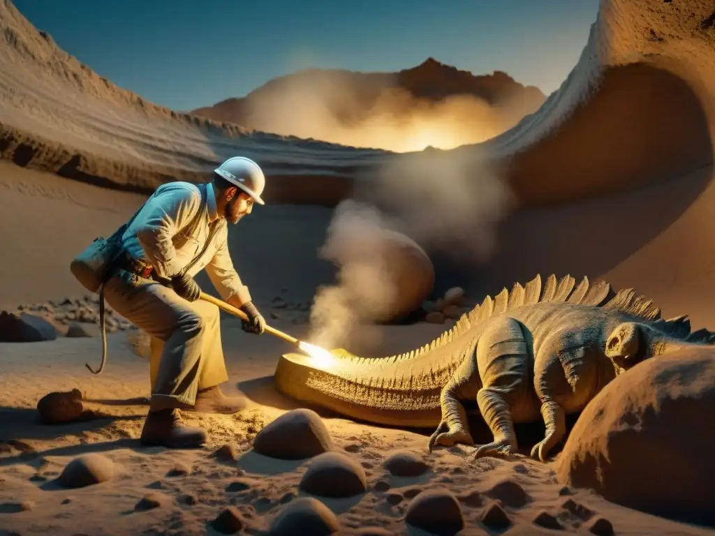 Excavación de fósil de dinosaurio: detalle químico Un paleontólogo descubriendo un fósil de dinosaurio en excavación con detalle, mostrando la evolución a través de fósiles
