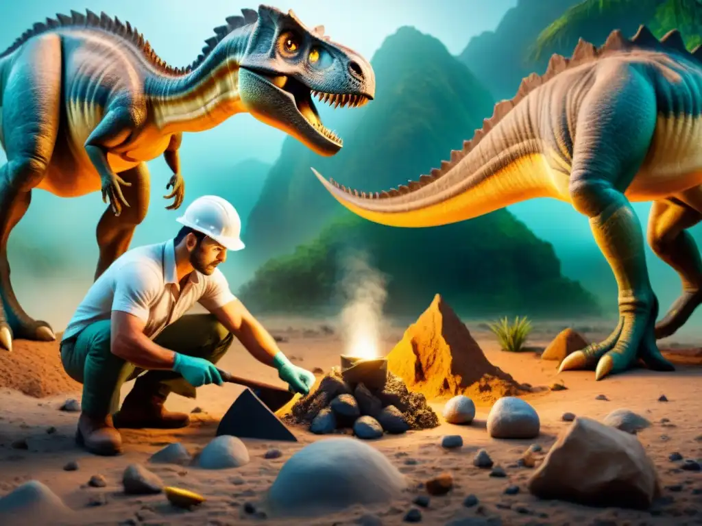 Excavación paleontológica: descubrimiento meticuloso de fósiles Paleontólogo excavando fósil de dinosaurio con herramientas y capas geológicas