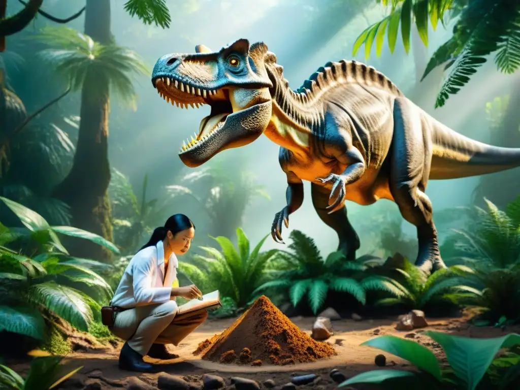 Excavación de fósil: descubrimiento en la jungla Paleontólogo excavando fósil de dinosaurio en la jungla