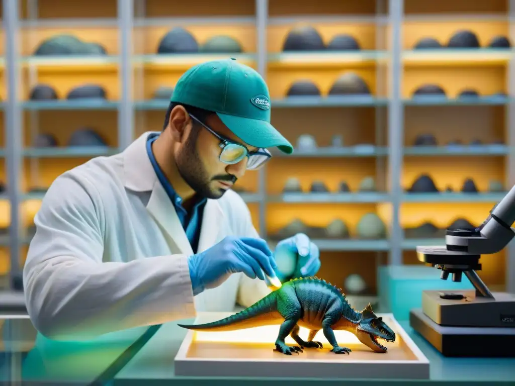 Extracción de ADN de dinosaurio: ciencia y precisión en laboratorio Un paleontólogo extrae ADN de un fósil de dinosaurio en un laboratorio moderno con iluminación suave