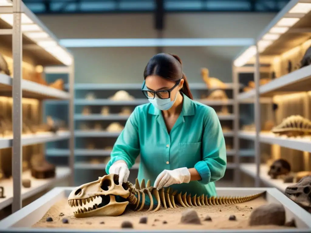 Excavación de fósiles: Paleontólogo cuidadoso en laboratorio Un paleontólogo desvela fósil de dinosaurio en laboratorio