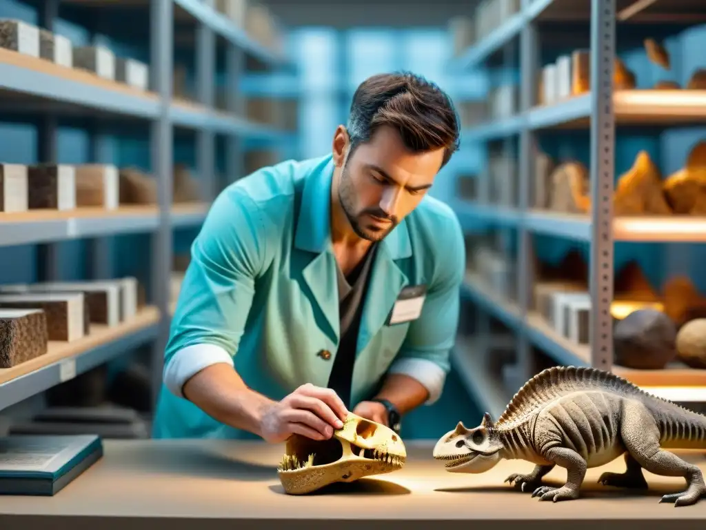 Un paleontólogo examina detalladamente un fósil de dinosaurio bajo un microscopio de alta potencia