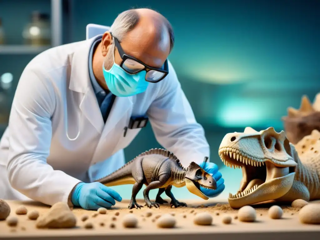 Un paleontólogo examina un fósil de dinosaurio bajo un microscopio, revelando detalles genómicos
