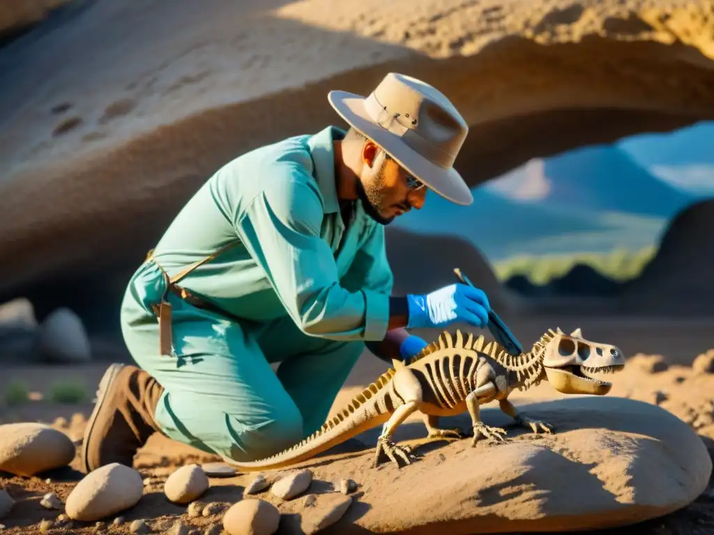 Paleontólogo descubriendo fósil de dinosaurio en detalle Un paleontólogo cuidadosamente excavando un fósil de dinosaurio, con aplicación móvil en paleontología