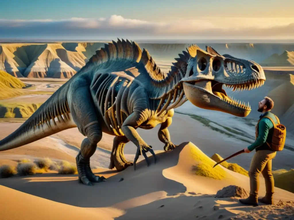 Excavación de fósil de dinosaurio: descubrimiento en Badlands Un paleontólogo excava un fósil de dinosaurio en un paisaje desolado al amanecer, revelando la riqueza de las regiones fósiles del mundo