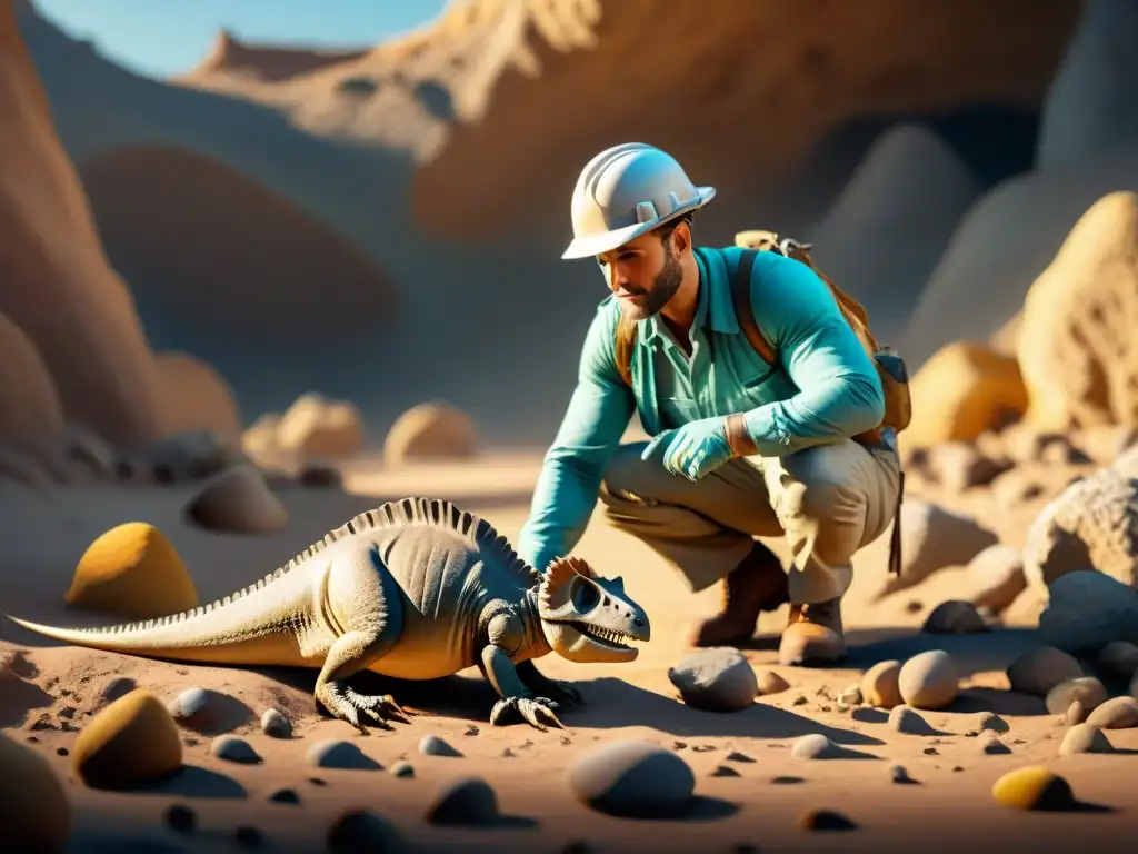 Un paleontólogo excava un fósil de dinosaurio rodeado de rocas antiguas