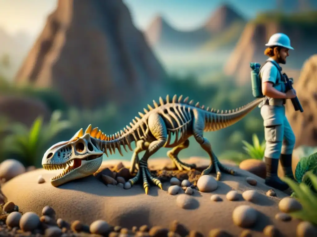 Un paleontólogo descubriendo un fósil de dinosaurio, rodeado de herramientas científicas