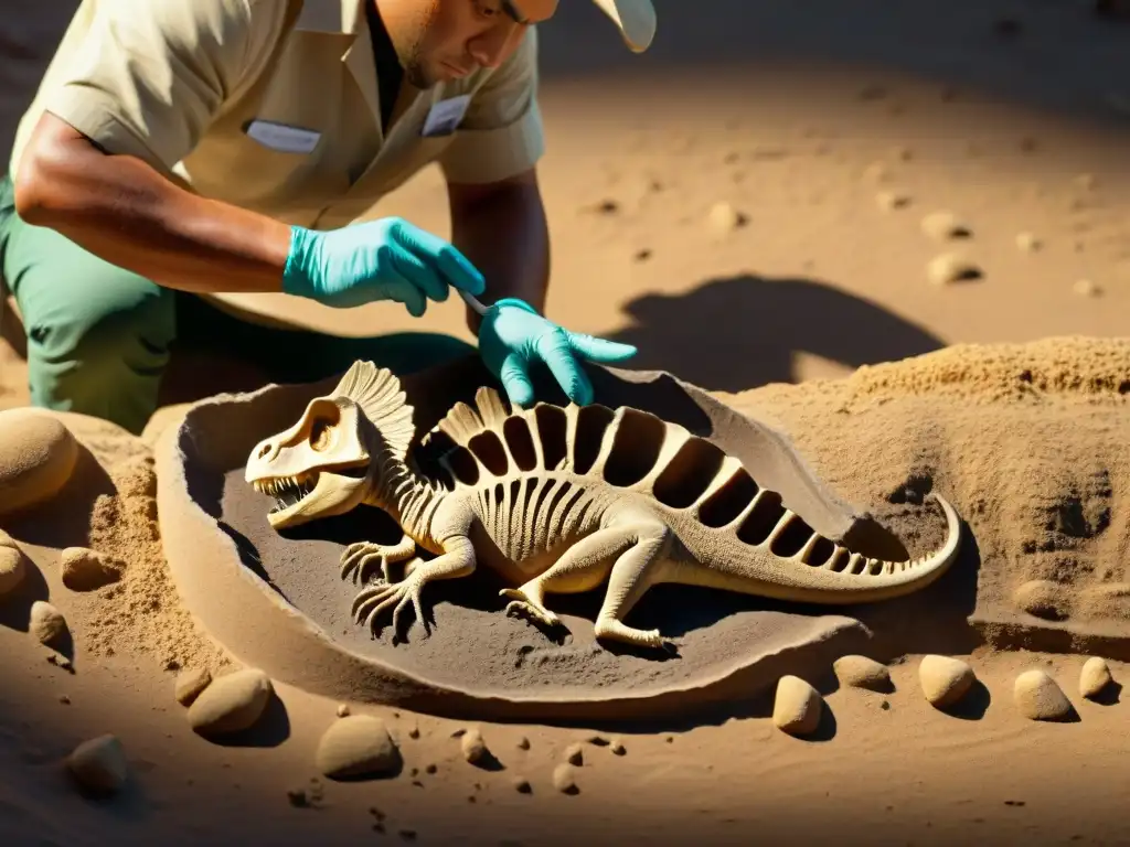 Excavación paleontológica meticulosa: revelando fósiles de dinosaurios Un paleontólogo descubre un fósil de dinosaurio en sedimento, resaltando la importancia de las aplicaciones móviles en paleontología