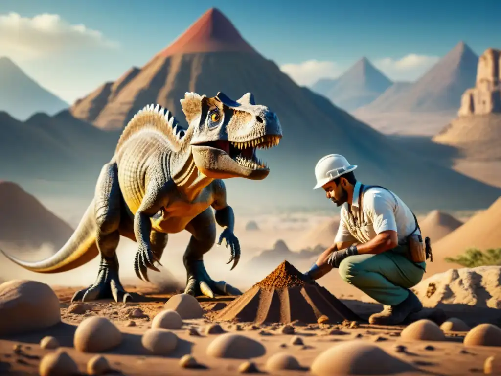 Excavación minuciosa de fósil de dinosaurio en desierto Un paleontólogo excava un fósil de dinosaurio bajo el sol del desierto