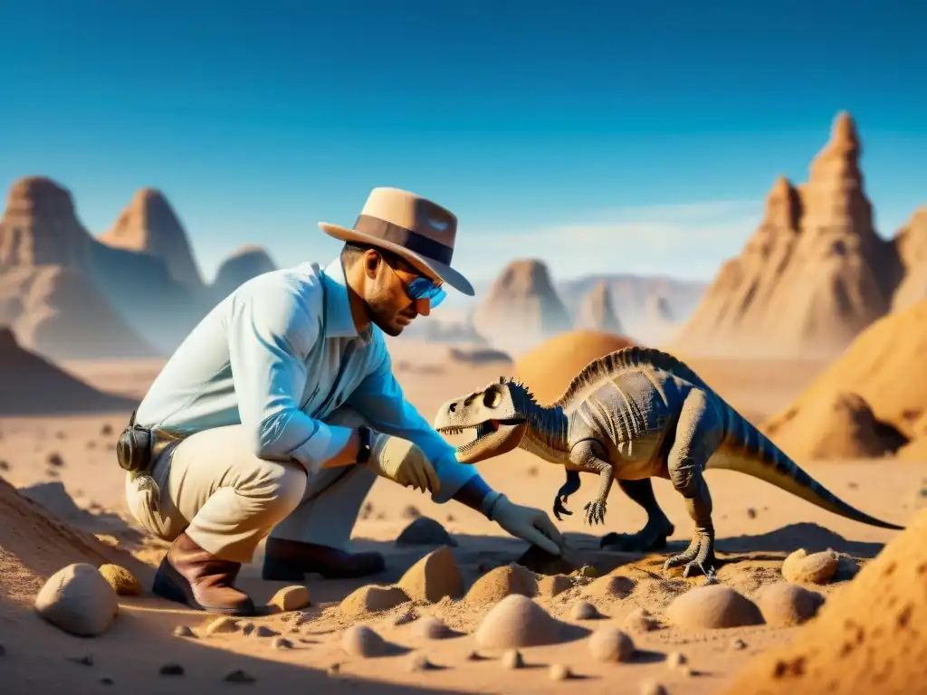 Excavación paleontológica: descubriendo secretos antiguos en el desierto Un paleontólogo excavando un fósil de dinosaurio bajo el sol del desierto
