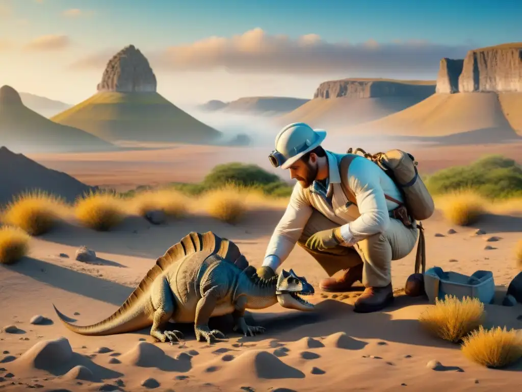 Descubrimiento paleontológico: excavando fósiles con detalle Paleontólogo descubriendo fósil de dinosaurio en terreno rocoso, bajo cálido sol