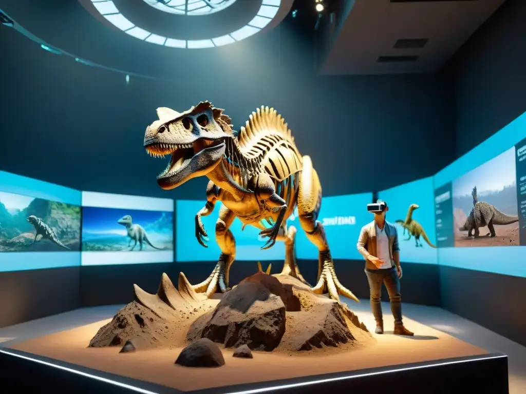 Excavación de fósiles: realismo virtual en paleontología Paleontólogo excavando fósil de dinosaurio en simulación virtual, rodeado de herramientas digitales y modelos 3D