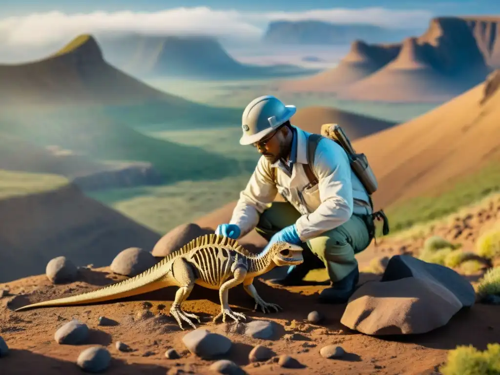 Un paleontólogo descubriendo un fósil de Lesothosaurus en Lesotho