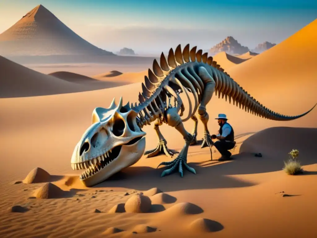 Excavación de dinosaurios en el Sahara: detallada escena en 8k Un paleontólogo excavando un fósil en el Sahara, una de las regiones más ricas en fósiles del mundo