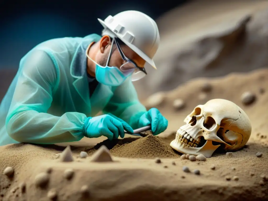 Descubrimiento fósil: detalle épico de una excavación paleontológica Un paleontólogo descubriendo un fósil en roca con meticulosa investigación responsable y protocolos internacionales
