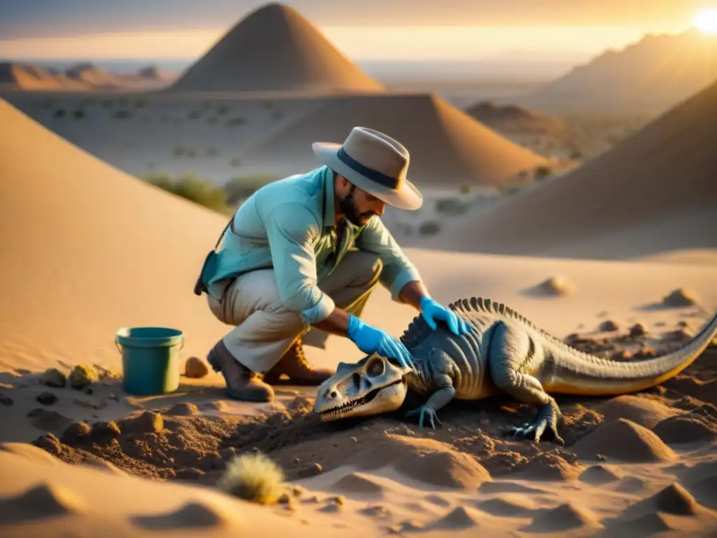 Excavación de fósiles al atardecer: el arte de la paleontología Un paleontólogo excavando fósiles al atardecer en el desierto